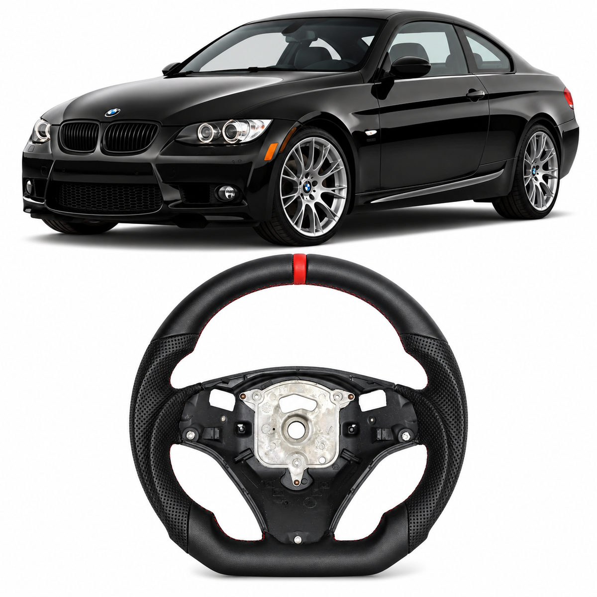 Vekto full leather steering wheel for BMW E90 E92 E93 M3 328i 335i, shown with textured leather surface and ergonomic grip