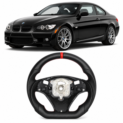 Vekto full leather steering wheel for BMW E90 E92 E93 M3 328i 335i, shown with textured leather surface and ergonomic grip