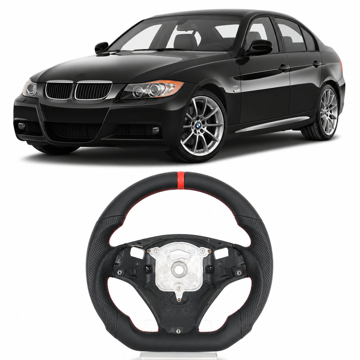 Vekto premium full leather steering wheel for BMW 3 Series E90 E91 E92 E93 M3, featuring a sleek, high-quality leather finish.
