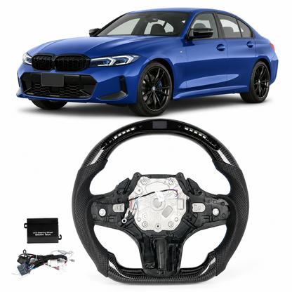 Vekto M Sport real carbon fiber LED steering wheel for BMW G20 G21 G22 G26 G28 G29 G80 G82 G83 M3 M340i M440i, close-up view