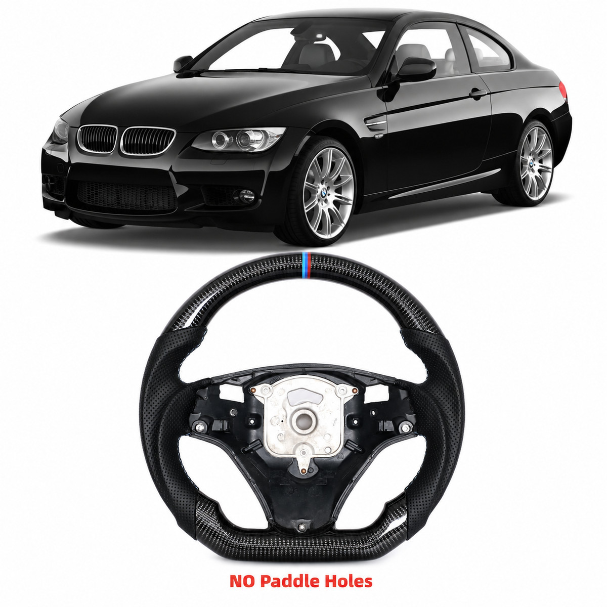 Vekto carbon fiber steering wheel for BMW E90, E92, E93 manual models 2006-2013, close-up of sporty steering wheel design