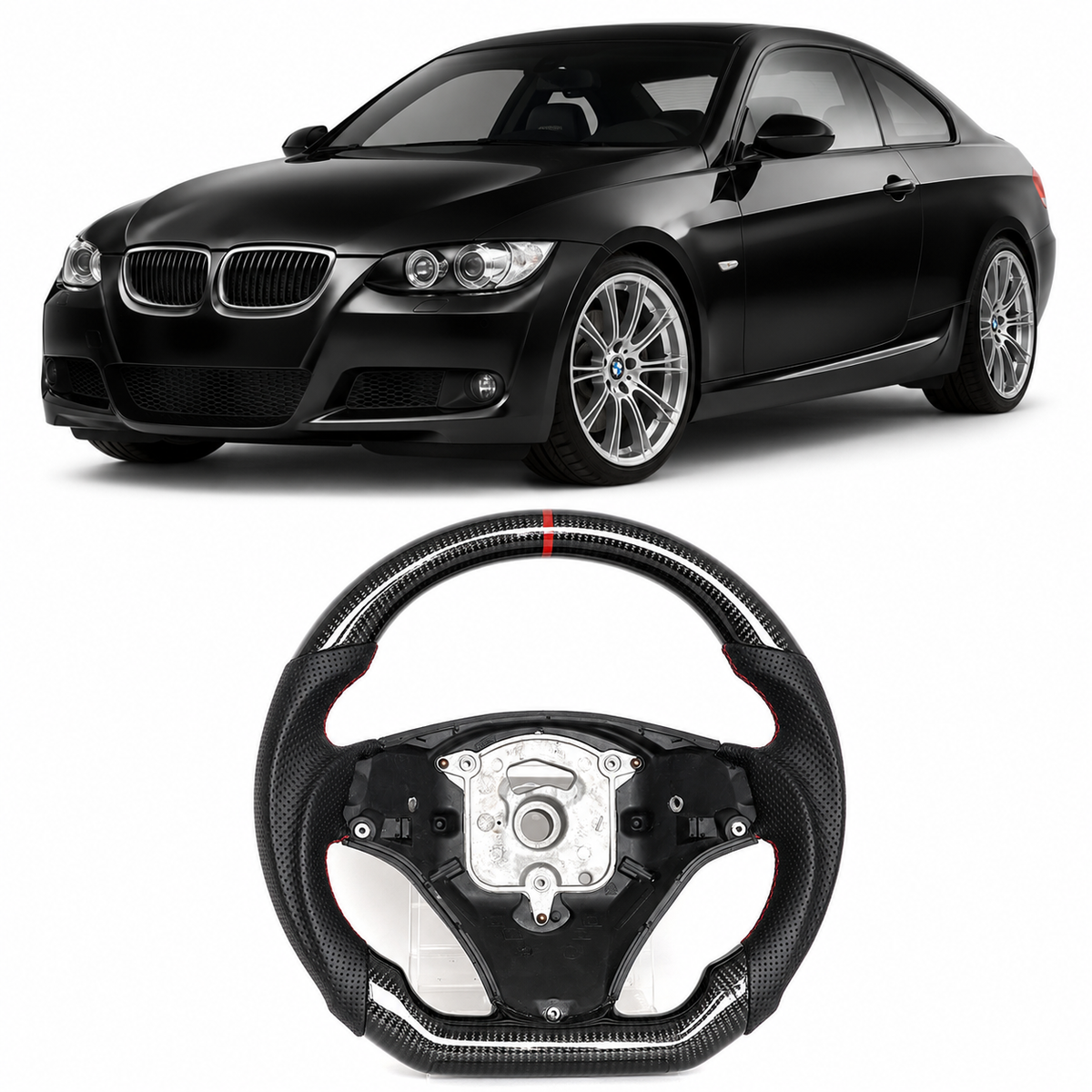Vekto real carbon fiber steering wheel for BMW E90 E92 E93 M3, 328i, 335i, and 135i models 2009-2013, showing close-up of the wheel.
