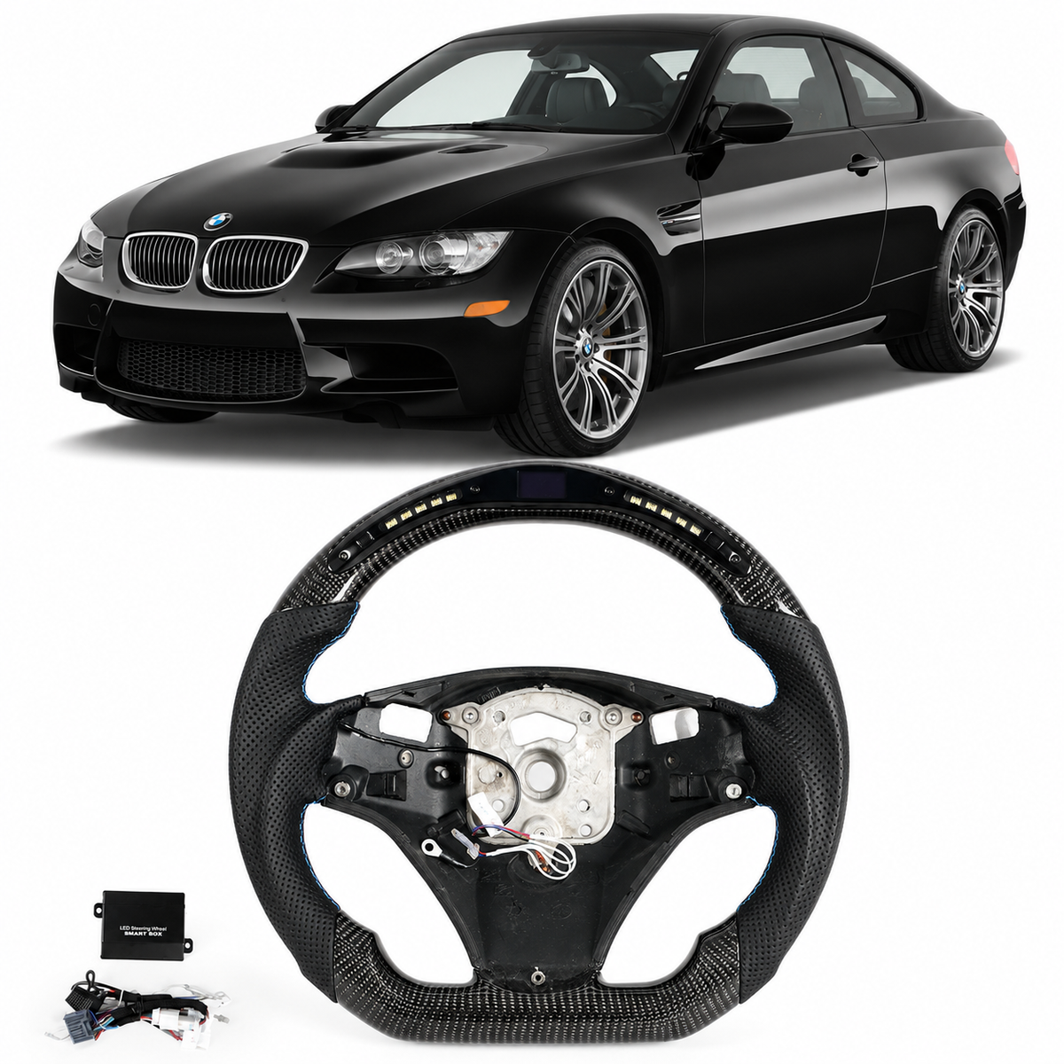 Vekto LED carbon fiber steering wheel for BMW E90 E92 E93 M3, 328i, 335i with paddle shifter cutouts, sleek and sporty design