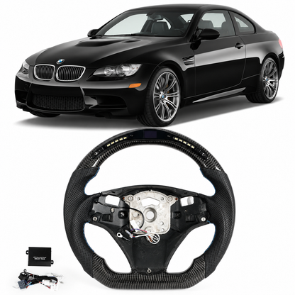 Vekto LED carbon fiber steering wheel for BMW E90 E92 E93 M3, 328i, 335i with paddle shifter cutouts, sleek and sporty design