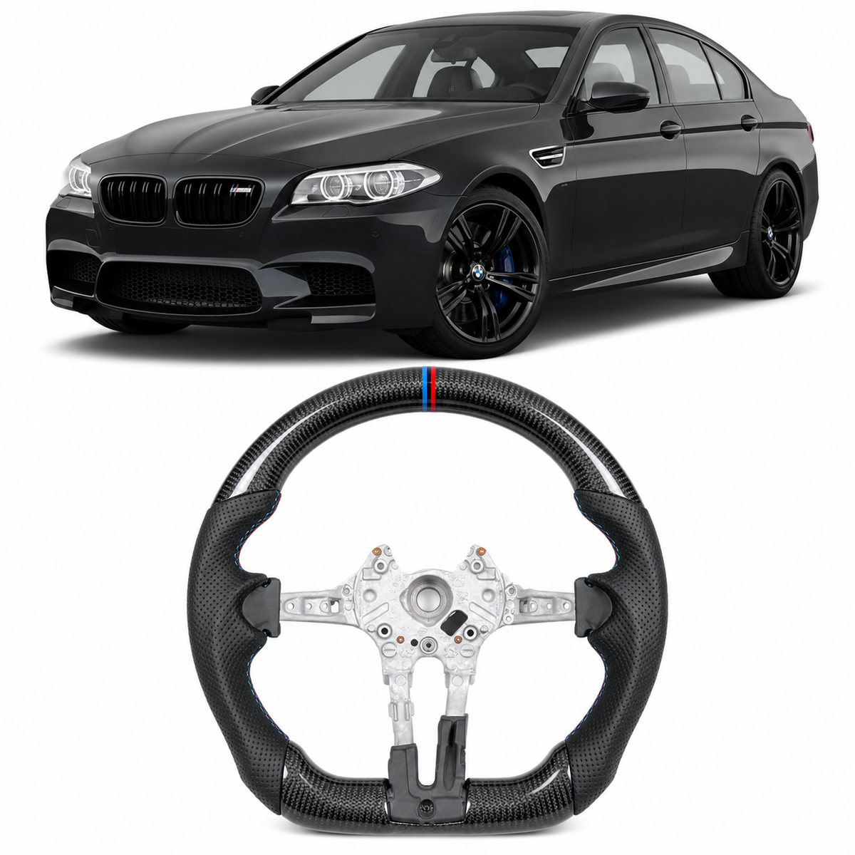 Vekto real carbon fiber M Sport steering wheel for BMW 5, 6, 7 Series, M5, and M8 with sleek, sporty design and detailed craftsmanship.