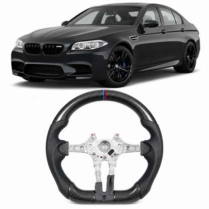 Vekto real carbon fiber M Sport steering wheel for BMW 5, 6, 7 Series, M5, and M8 with sleek, sporty design and detailed craftsmanship.