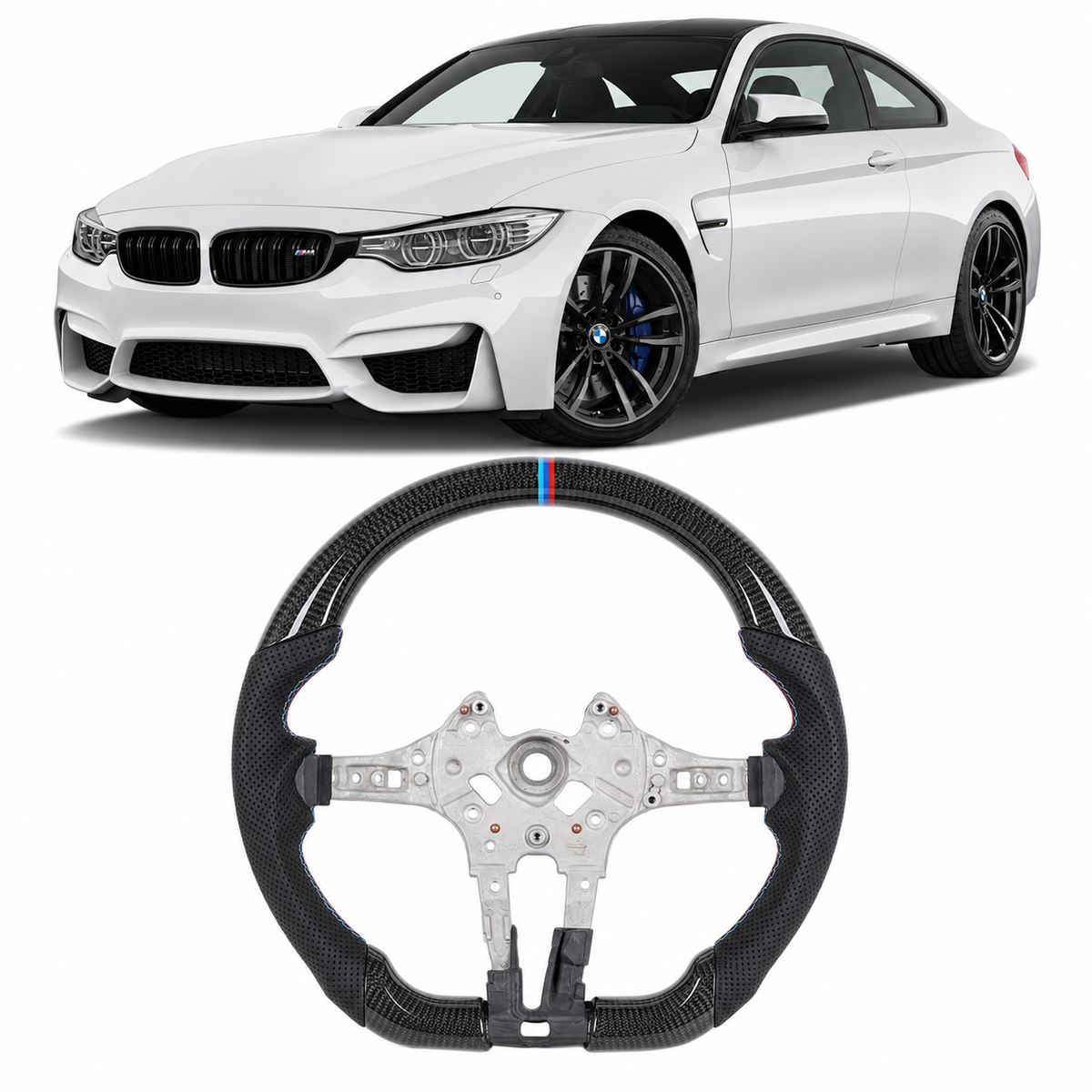 Vekto real carbon fiber M Sport steering wheel for BMW F-Series 1, 2, 3, 4, X1, X2, X3, X4, X5, X6 models, showing the wheel's detailed design.