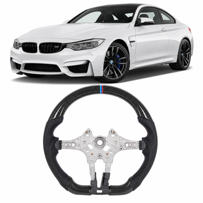 Vekto real carbon fiber M Sport steering wheel for BMW F-Series 1, 2, 3, 4, X1, X2, X3, X4, X5, X6 models, showing the wheel's detailed design.