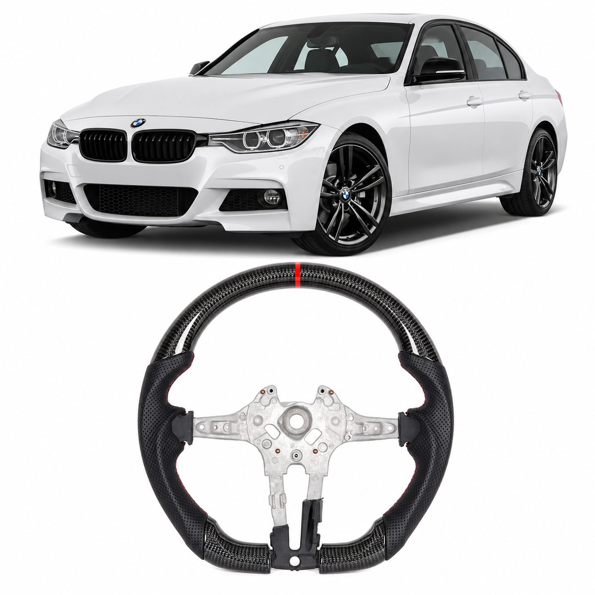 Vekto real carbon fiber BMW F-Series steering wheel with tri-color or red stripe design, compatible with F1, 2, 3, 4, X1, X3, X6, M2