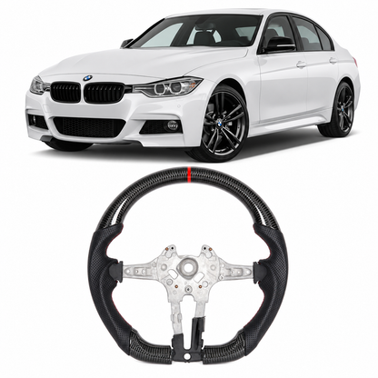 Vekto real carbon fiber BMW F-Series steering wheel with tri-color or red stripe design, compatible with F1, 2, 3, 4, X1, X3, X6, M2