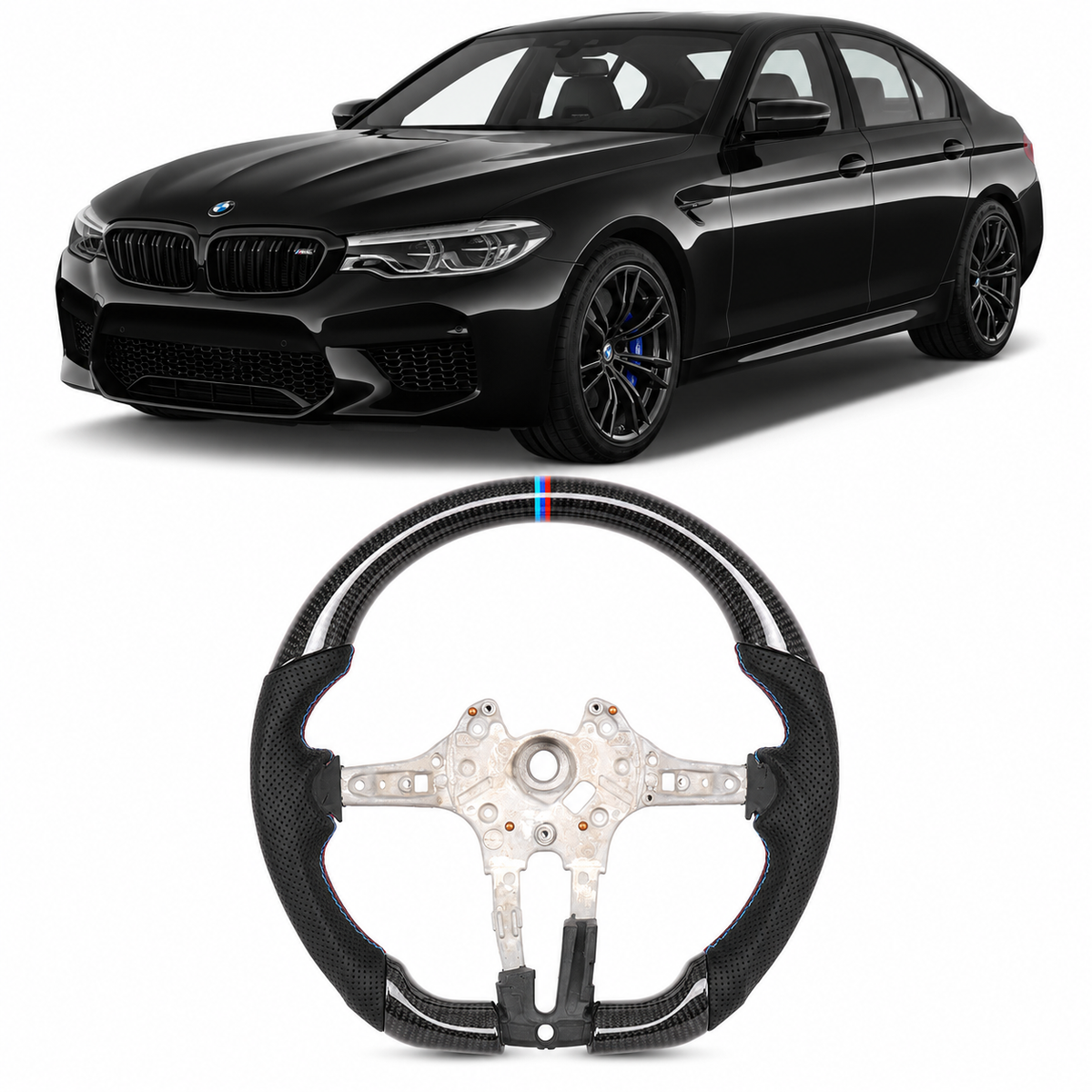 Vekto real carbon fiber M Sport steering wheel for BMW F90 M5, F10 5 Series, F07 GT, F11 Touring, and F Series vehicles.
