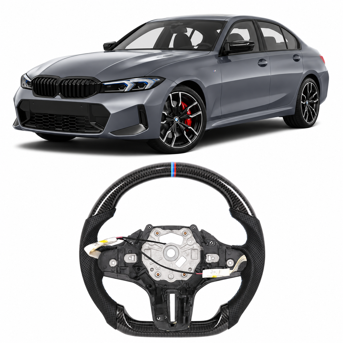 Vekto heated carbon fiber steering wheel for BMW G20 G80 G82 M3 M4, featuring sleek carbon fiber finish and ergonomic design.