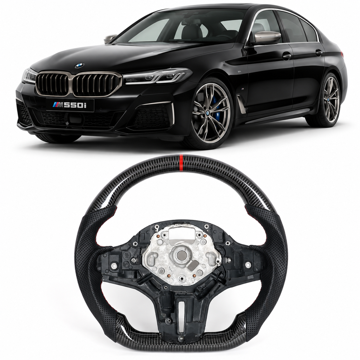 Vekto real carbon fiber M Sport steering wheel for BMW G30 G32 G38 G11 G12 G14 G15 G05 G07 M550i shows sporty grip and premium finish