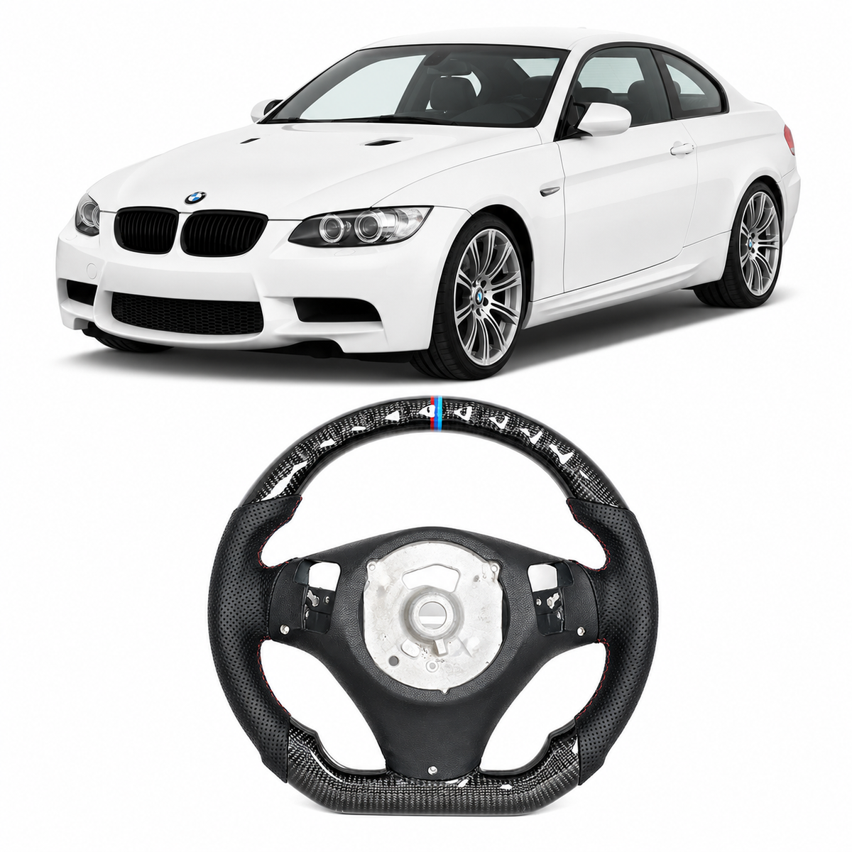 Vekto real carbon fiber BMW E90 E92 E93 M3 328i 335i 135i steering wheel with textured finish, designed for 2007-2013 models