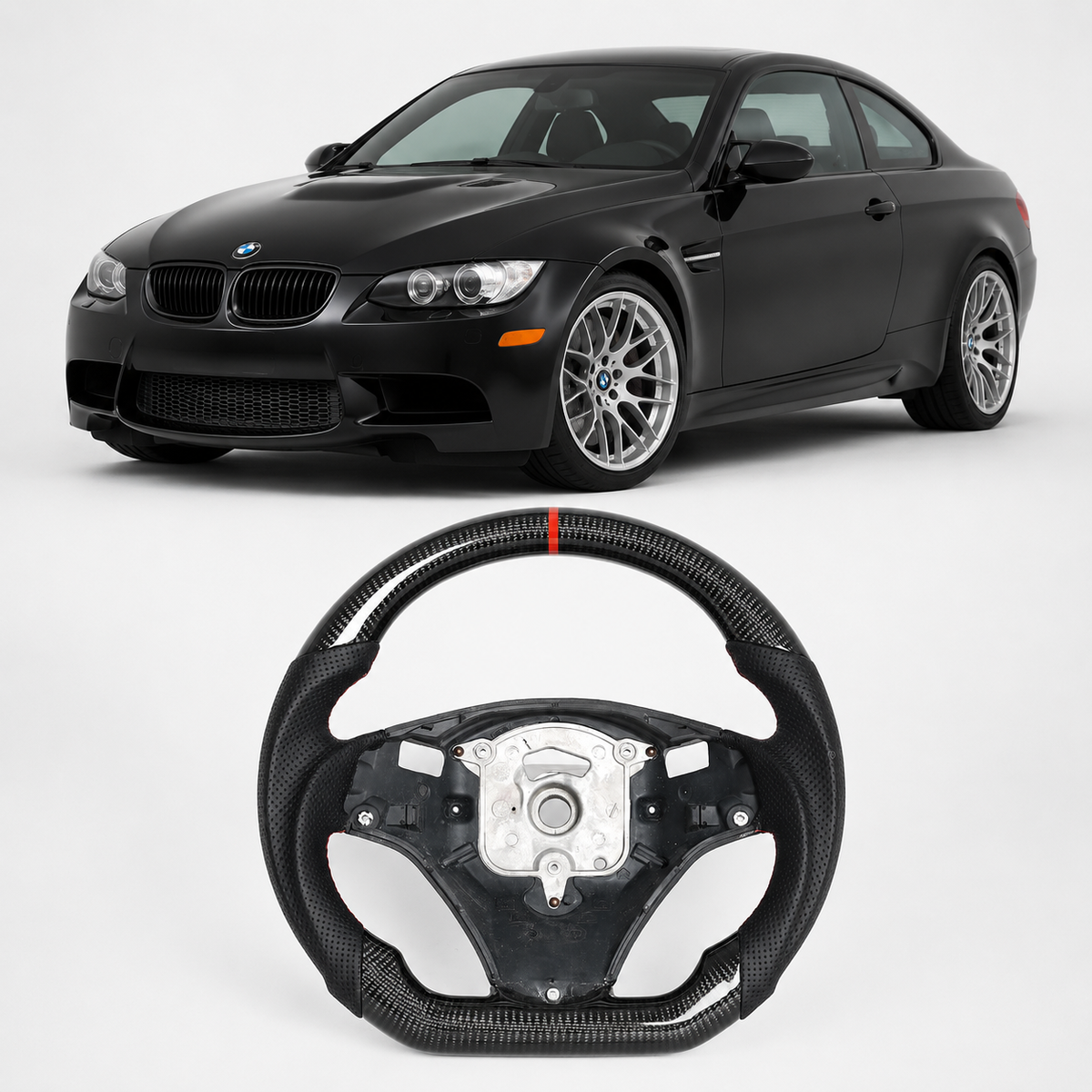 Vekto carbon fiber steering wheel for BMW E90 E91 E92 E93 M3 328i 335i models, featuring a sleek, sporty design.