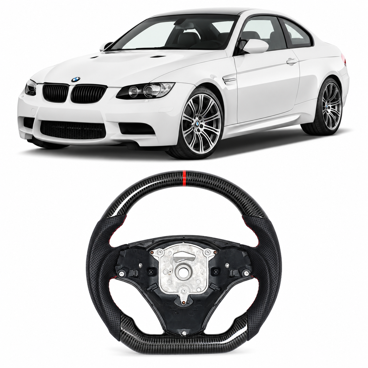 Vekto carbon fiber steering wheel for BMW E90 E92 E93 M3 series, manual transmission, close-up view of the sleek, textured wheel.