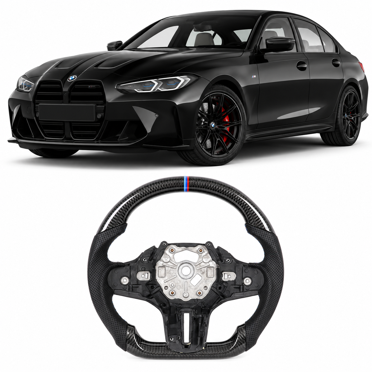 Vekto M Sport carbon fiber steering wheel for BMW G Series G20 G21 G24 G22 G29 G80 M340i M440i, close-up of steering wheel details