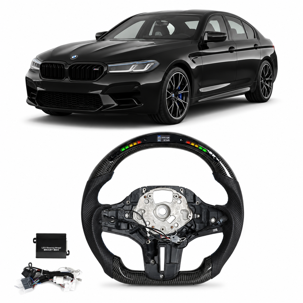 Vekto M Sport carbon fiber heated LED steering wheel for BMW G series F90 2018+ with embedded controls and LED lighting.