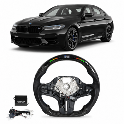 Vekto M Sport carbon fiber heated LED steering wheel for BMW G series F90 2018+ with embedded controls and LED lighting.