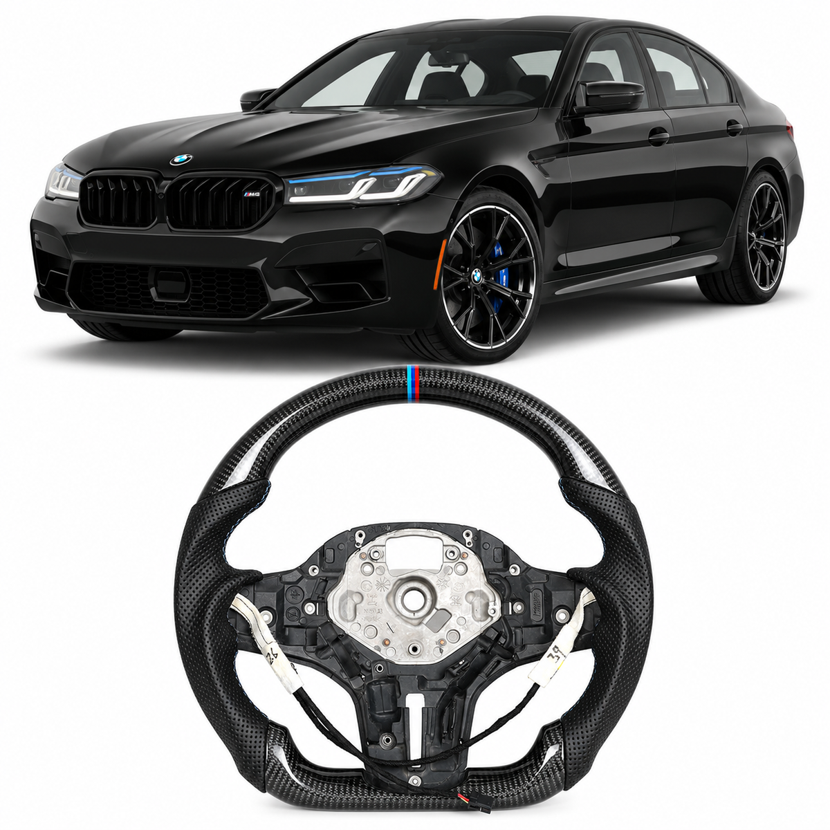 Vekto carbon fiber heated M Sport steering wheel for BMW G Series M5, M8, X3M, X5, X6, and X7, showcasing premium craftsmanship