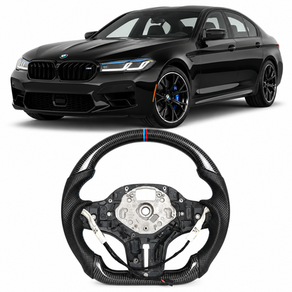 Vekto carbon fiber heated M Sport steering wheel for BMW G Series M5, M8, X3M, X5, X6, and X7, showcasing premium craftsmanship