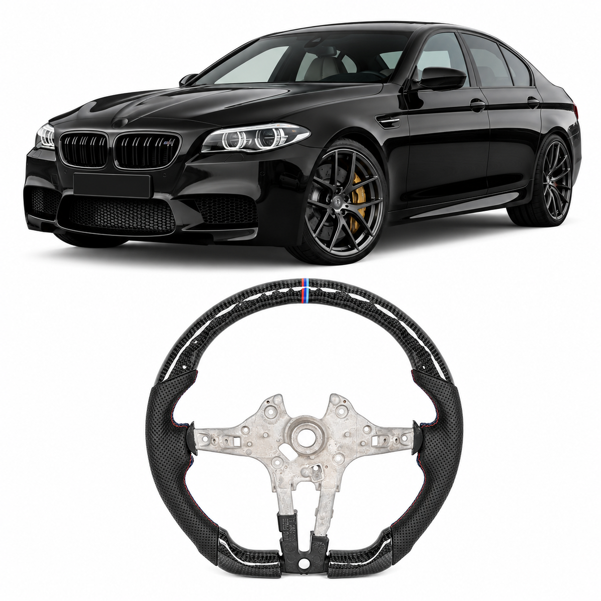 Vekto carbon fiber steering wheel for BMW F Series F10 F11 M5 M6 F06 F13 F02 F03 F07, close-up of sporty, textured wheel design