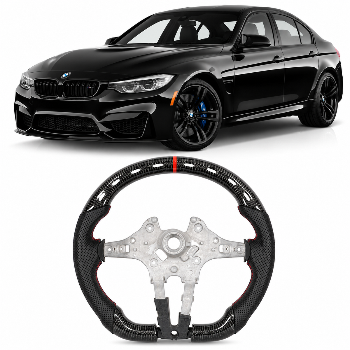 Vekto carbon fiber steering wheel for BMW F30 F10 F15 M3 M5 X Series, showing sleek black carbon fiber finish and sporty design.