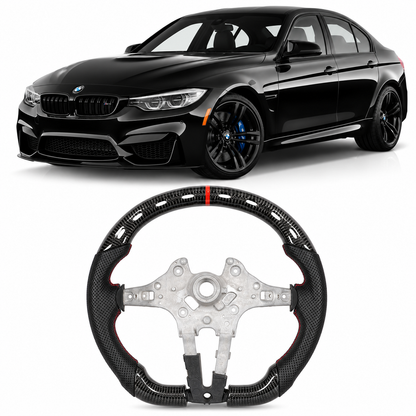 Vekto carbon fiber steering wheel for BMW F30 F10 F15 M3 M5 X Series, showing sleek black carbon fiber finish and sporty design.