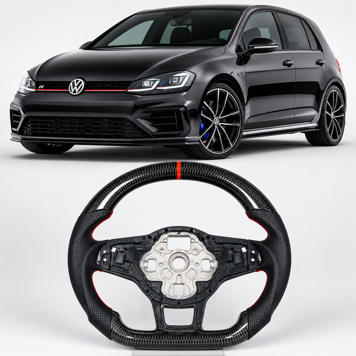Vekto carbon fiber steering wheel for Volkswagen Golf 7 GTI R Mk7, close-up view showing textured grip and sporty design.