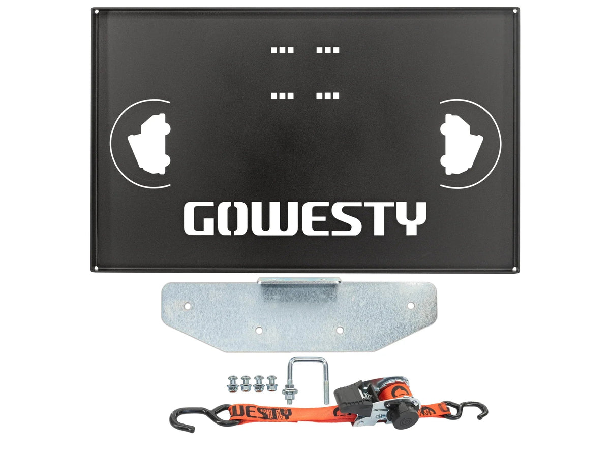 GoWesty tray on spare bracket bundle for Bus and Vanagon, showing the durable metal tray mounted on the spare tire bracket.