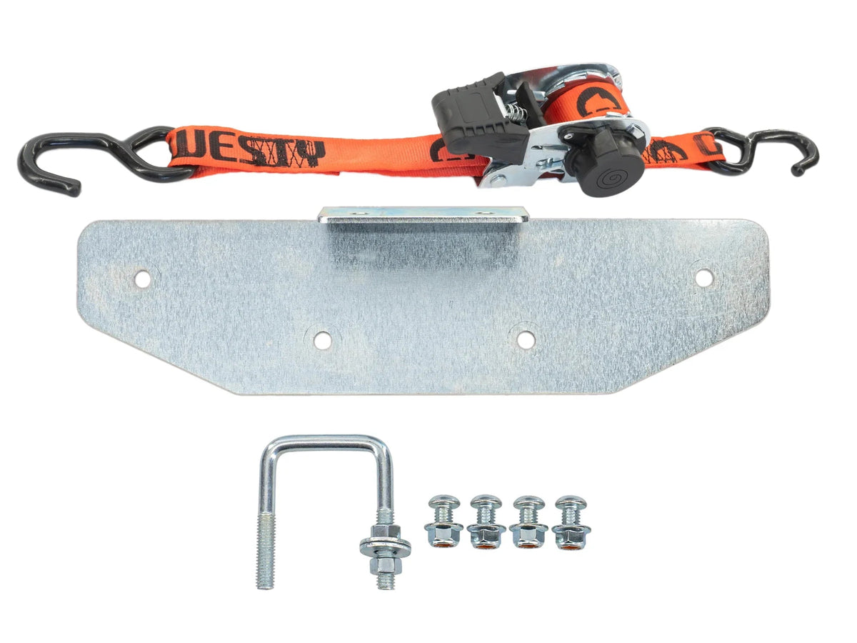 GoWesty tray on spare bracket bundle for Bus and Vanagon, showing the sturdy metal tray attached to the spare tire bracket.