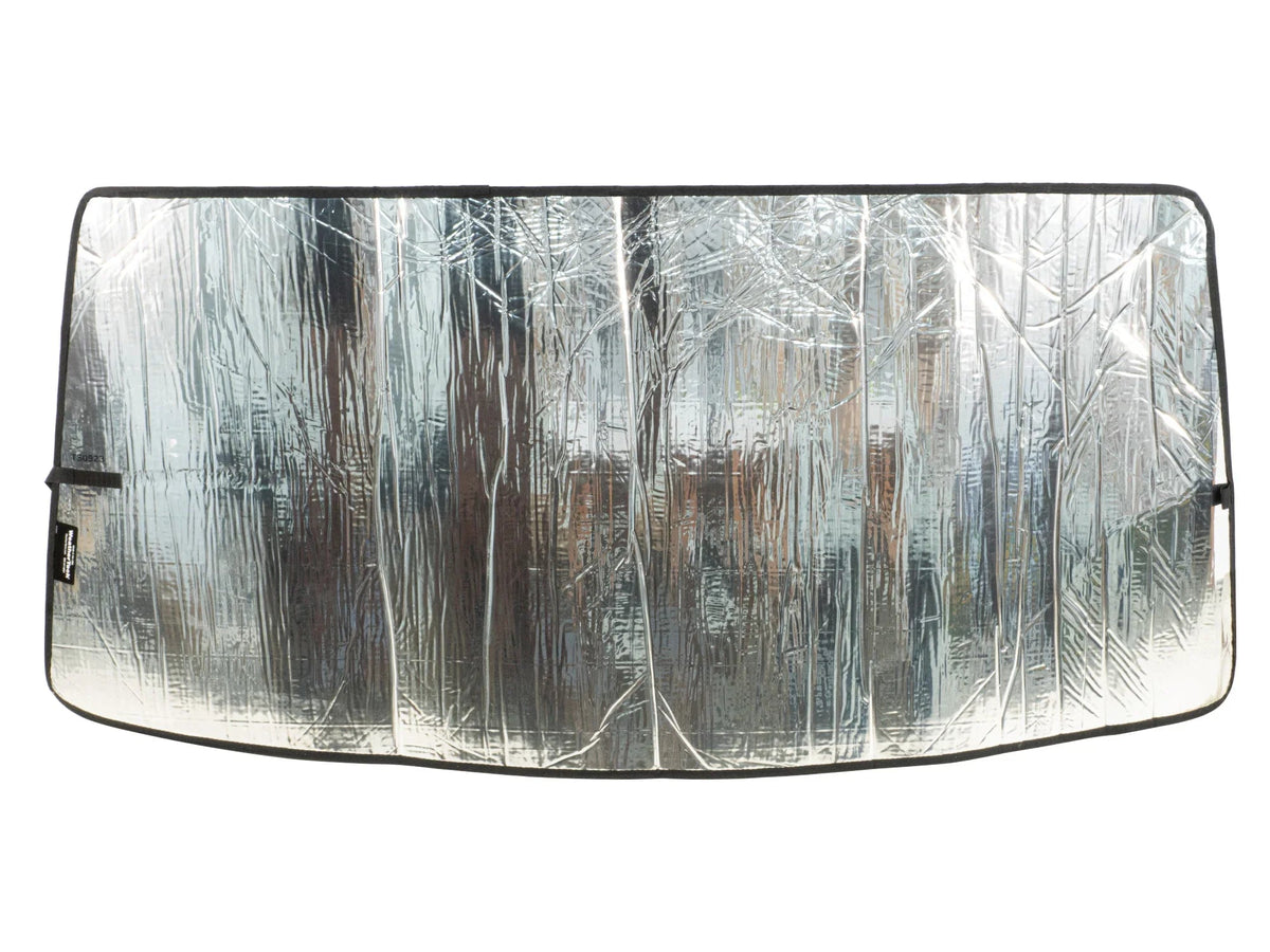 GoWesty Vanagon insulation and privacy shade window cover partially open, providing insulation and privacy for Vanagon windows.