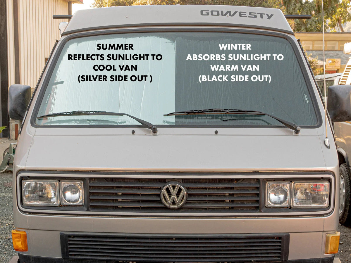 GoWesty Vanagon window cover insulation and privacy shade installed on side window, providing insulation and privacy.