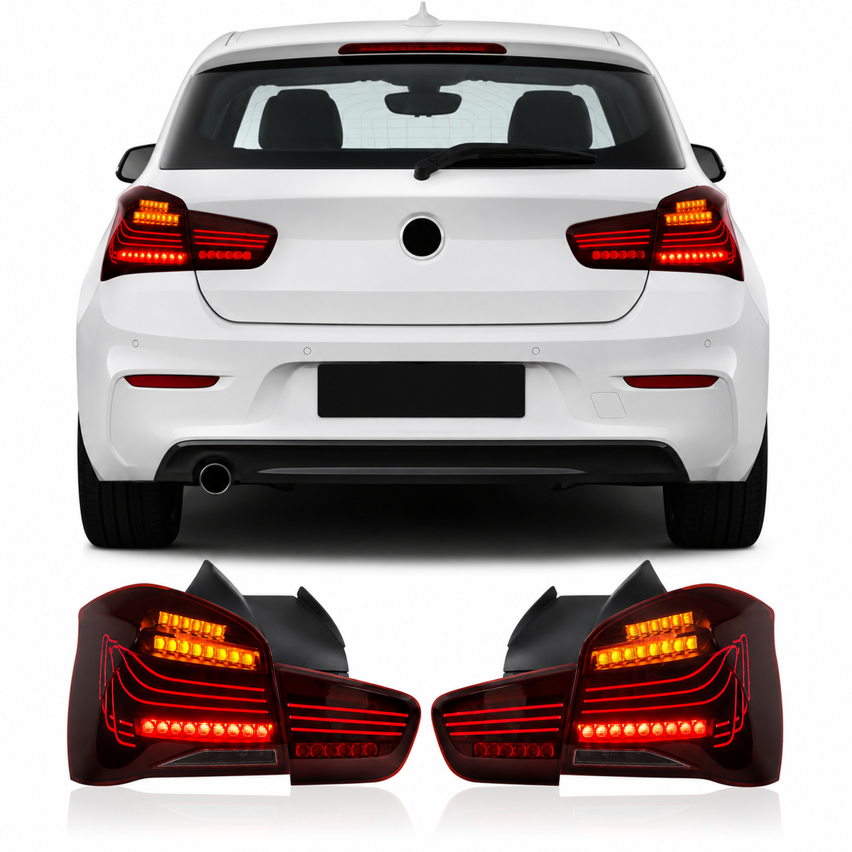 Vekto CSL style LED tail lights for BMW 1 Series F20 F21 hatchback 2015-2018, showing sleek taillight design with LED accents.