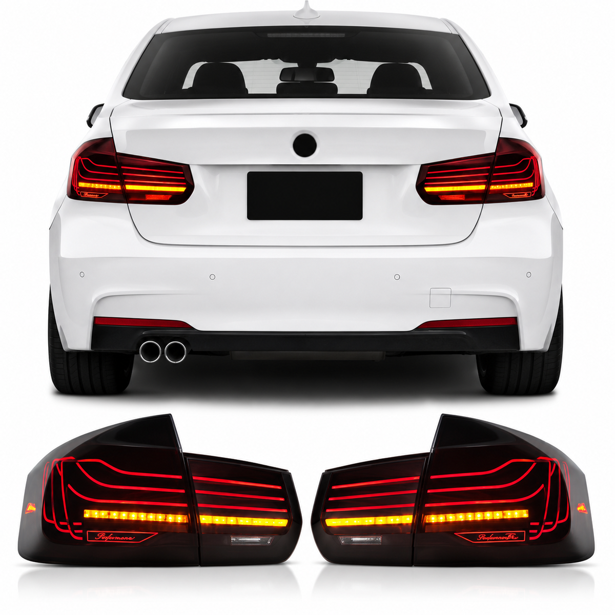 Vekto CSL style LED tail lights for BMW 3 Series F30 F35 F80 M3 2013-2018, showcasing sleek taillight design on a sedan.
