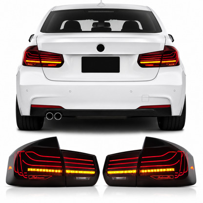 Vekto CSL style LED tail lights for BMW 3 Series F30 F35 F80 M3 2013-2018, showcasing sleek taillight design on a sedan.