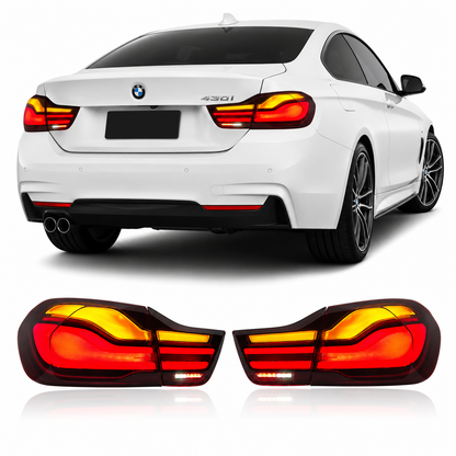 Vekto LED tail lights for BMW 4 Series F32 F82 2014-2020, close-up of the taillight assembly showing sleek design and illumination.