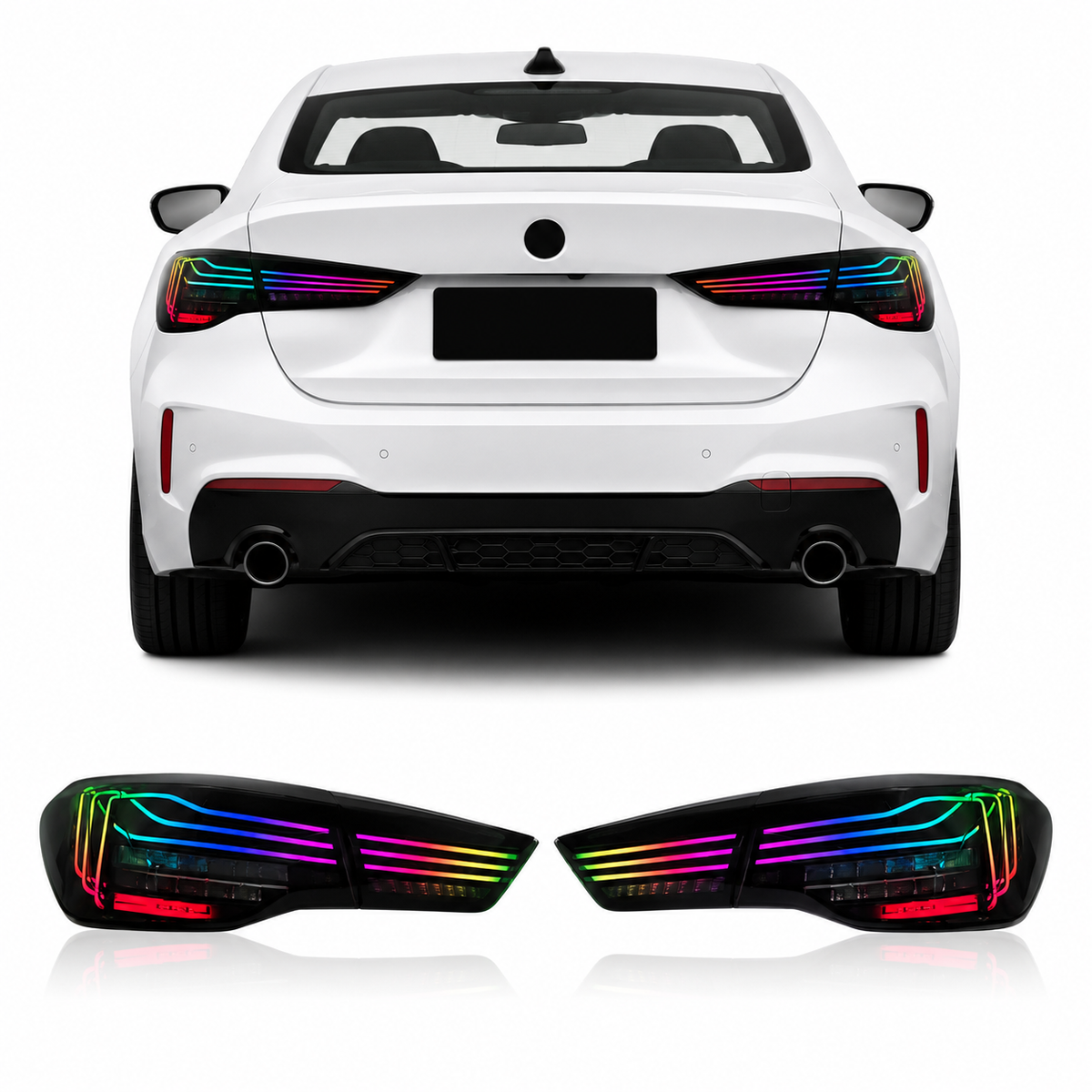 RGB CSL style LED taillights for BMW 4 Series G22 G23 G26 G82 M4, Vekto brand, showcasing sleek rear lighting design.