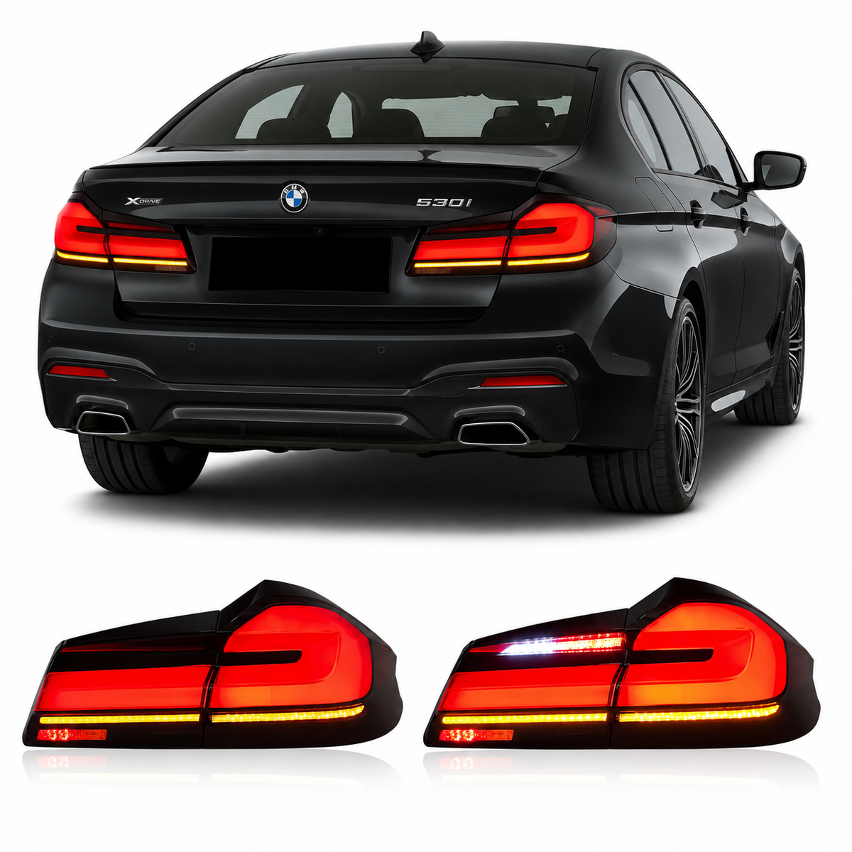 Vekto LED taillights for BMW 5 Series G30 G38 and M5 F90, front and rear view showing sleek automotive lighting design