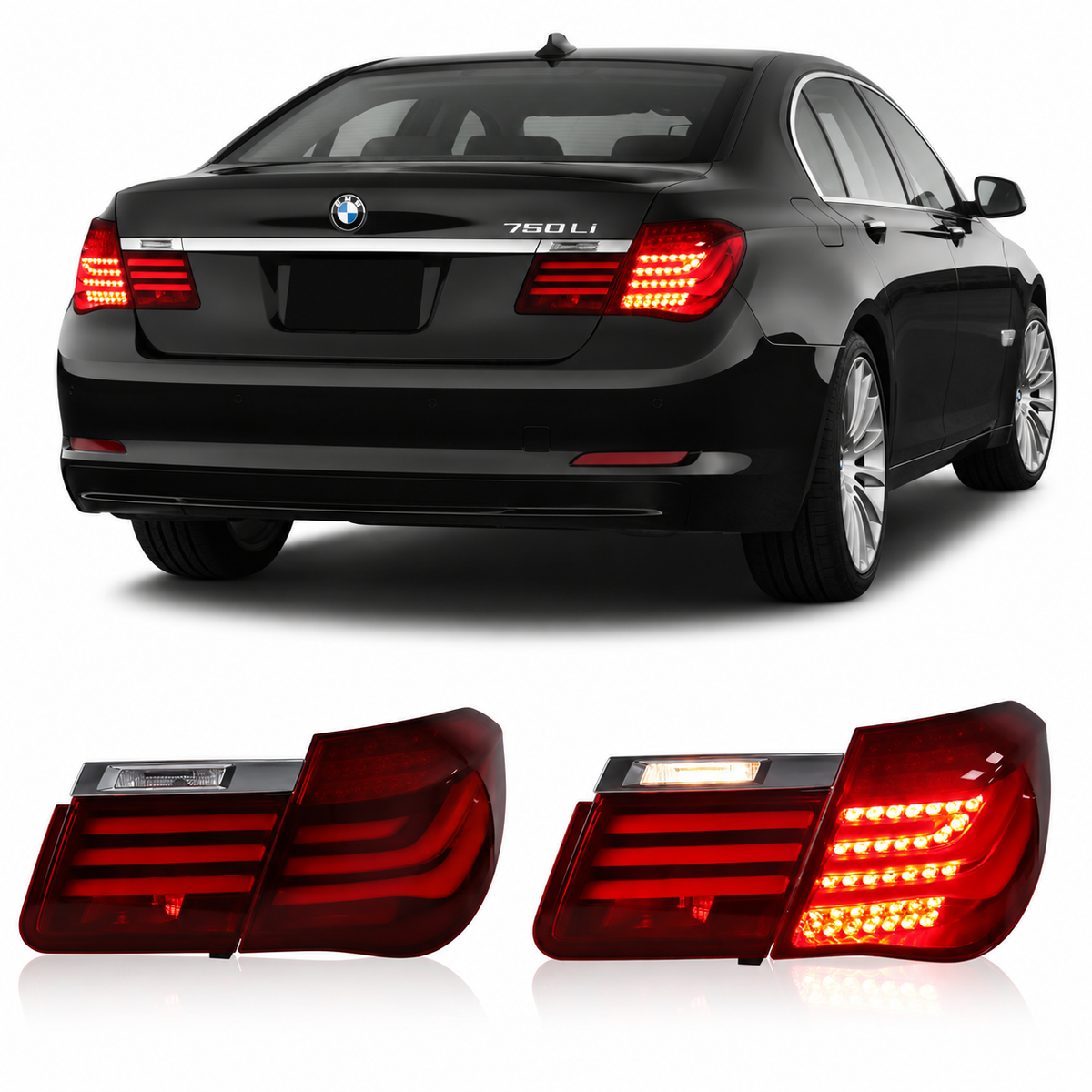 Vekto LED taillights for BMW 7 Series F01 F02 2009-2015, showcasing sleek tail light design with bright illumination.