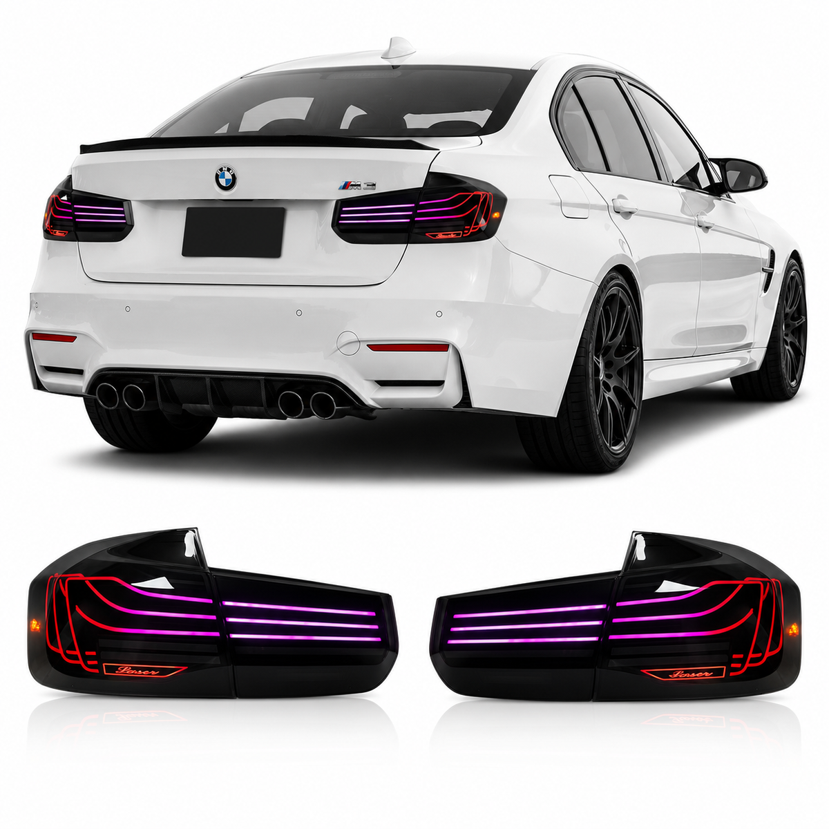 Vekto BMW F30/F35/F80 M3 RGB LED taillights showing sleek design and vibrant lighting for 2013-2018 models.