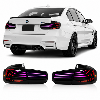 Vekto BMW F30/F35/F80 M3 RGB LED taillights showing sleek design and vibrant lighting for 2013-2018 models.