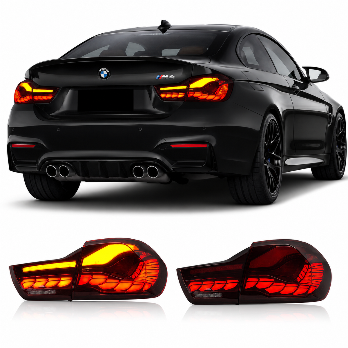 Vekto OLED GTS style LED tail lights for BMW 4 Series F32/F33/F36 and M4 F82/F83 2014-2020, showing sleek taillight design