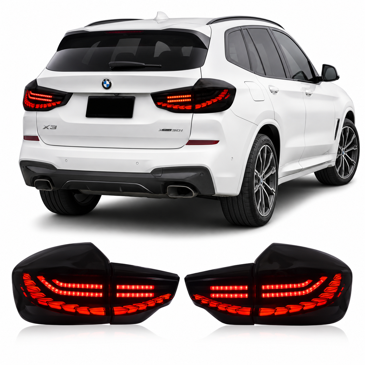 Vekto LED tail lights for BMW X3 G01/G08 2019-2022, showcasing sleek red and clear taillight design for the vehicle.