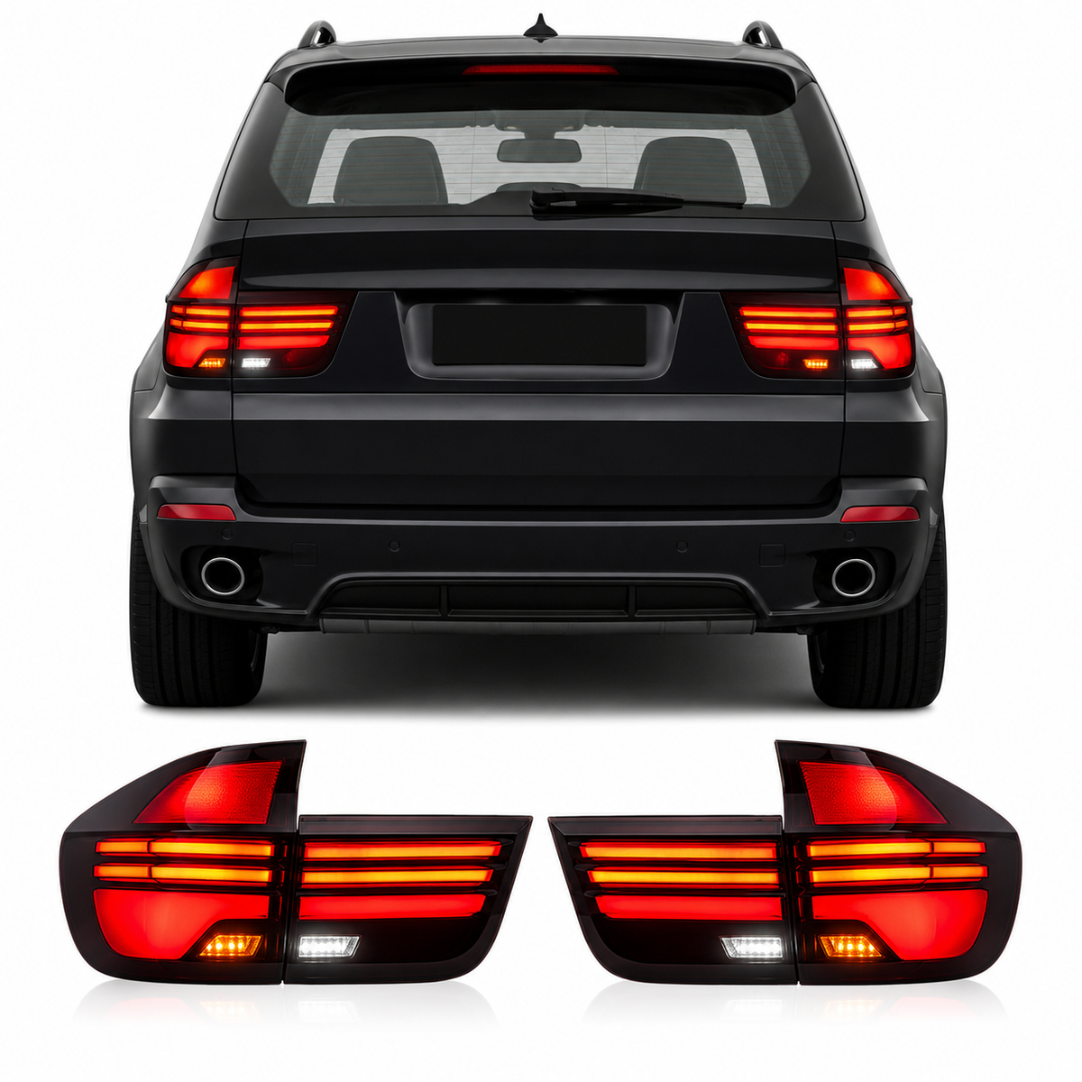 Vekto LED tail lights for BMW X5 E70 2007-2013, showcasing sleek red and clear taillight lenses with integrated turn signals.