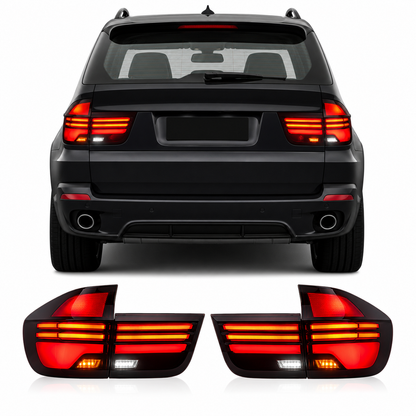 Vekto LED tail lights for BMW X5 E70 2007-2013, showcasing sleek red and clear taillight lenses with integrated turn signals.