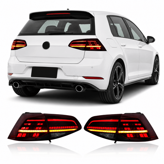 Vekto LED tail lights for Volkswagen Golf MK7 and MK7.5 2013-2019, showing illuminated taillight assembly on vehicle.