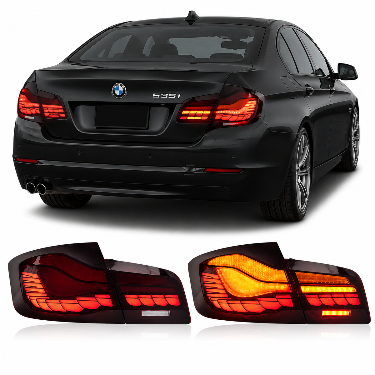 Vekto GTS Dragon Scale LED taillights for BMW 5 Series F10/F18 2011-2017, showing sleek, illuminated tail light design.