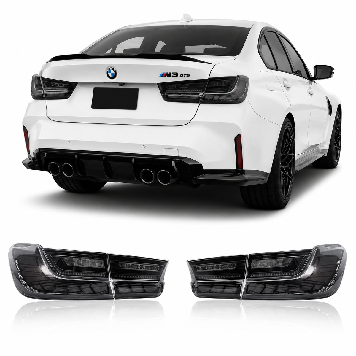 Vekto GTS OLED smoked tail lights for BMW G20 3 Series and G80 M3, featuring cherry red accents and modern design.