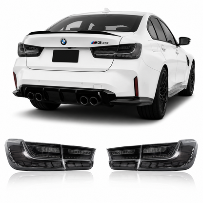 Vekto GTS OLED smoked tail lights for BMW G20 3 Series and G80 M3, featuring cherry red accents and modern design.